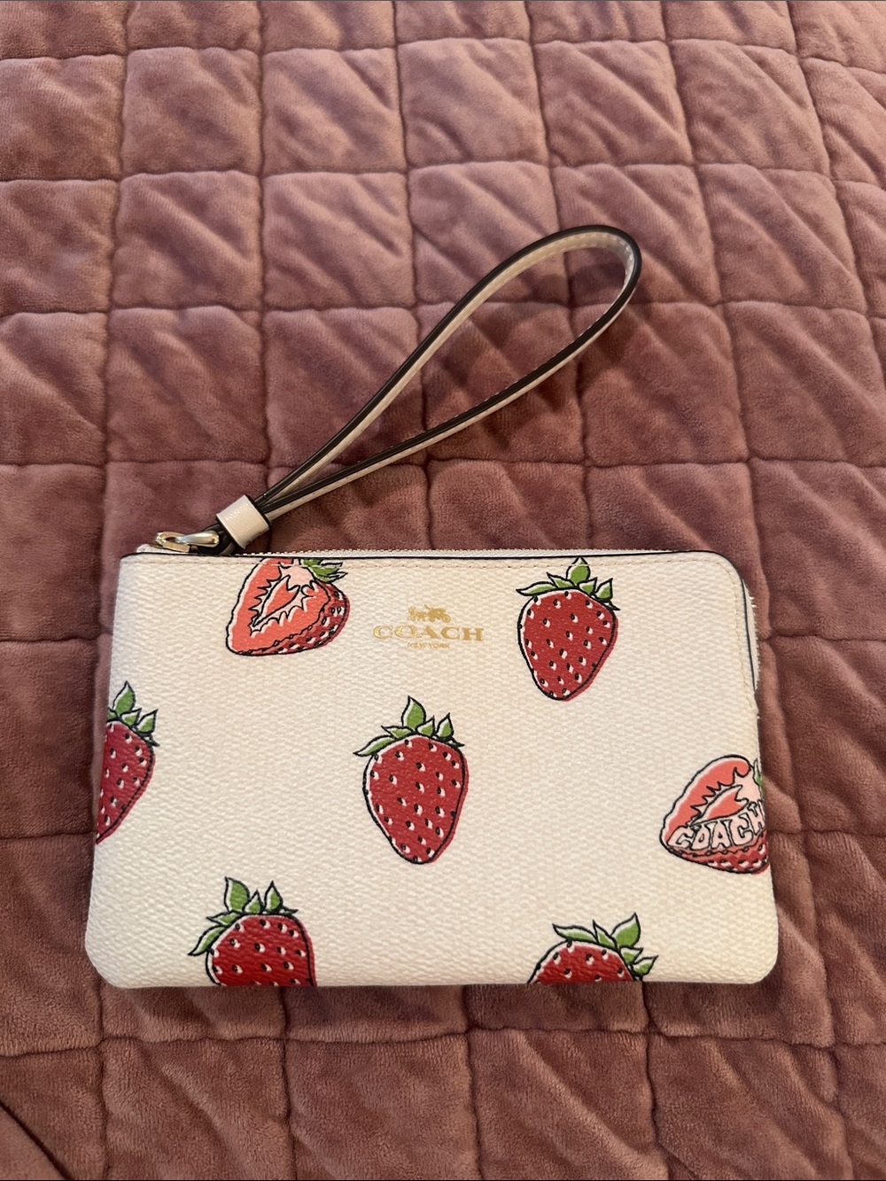 NWT Coach Cream Wristlet with Red Strawberry Print